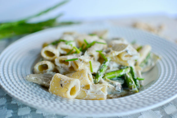 creamy vegan pasta with cashew sauce and asparagus