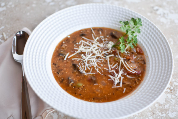 stuffed pepper soup with quinoa and mushrooms