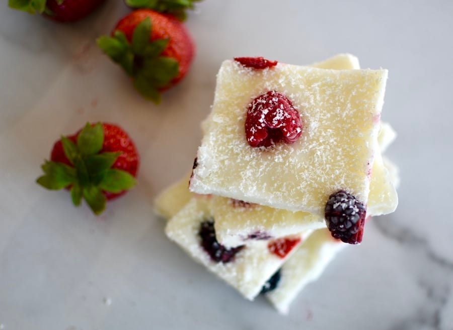 stacked yogurt nark on marble counter