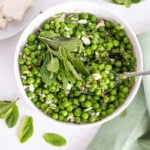 pea salad in a white bowl