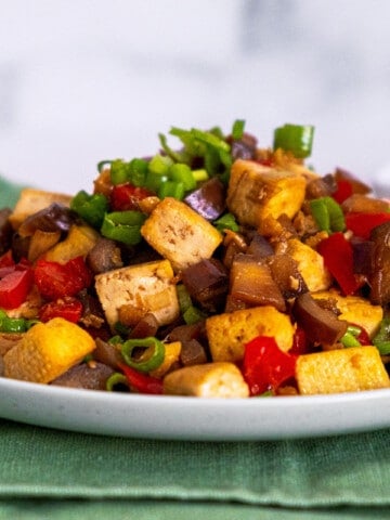 eggplant and tofu on white plate