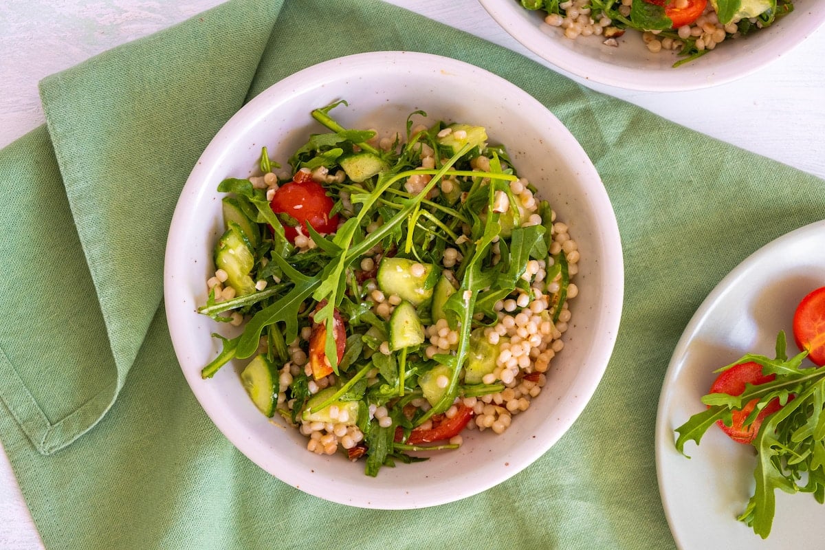 pearl couscous in white bowl