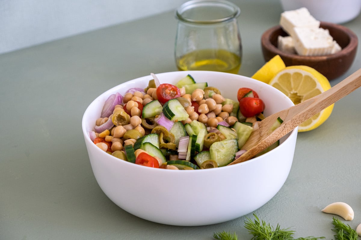 salad with wooden spoon